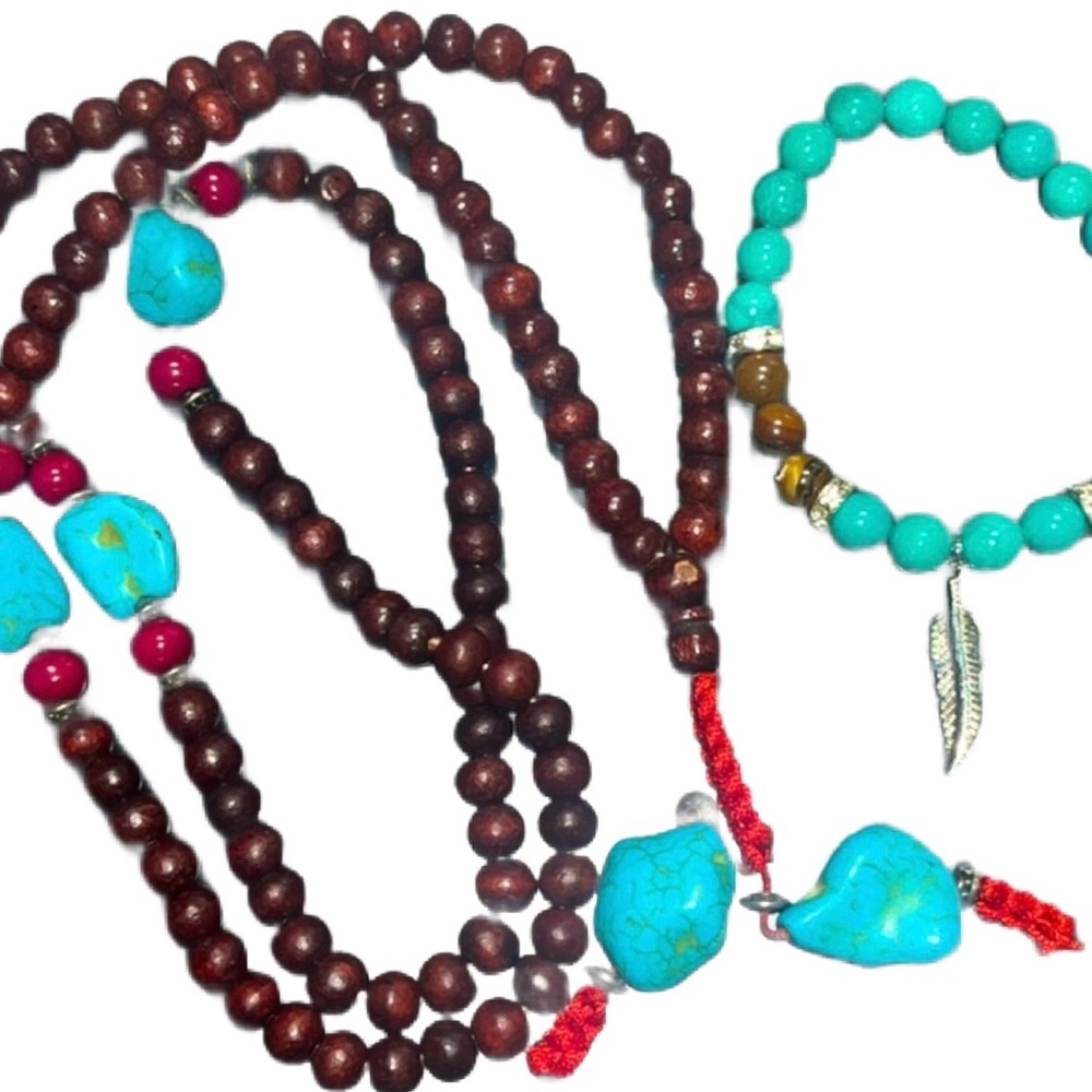 Matching Mala & Bracelet Set Turquoise Tiger Eye Carnelian Sterling